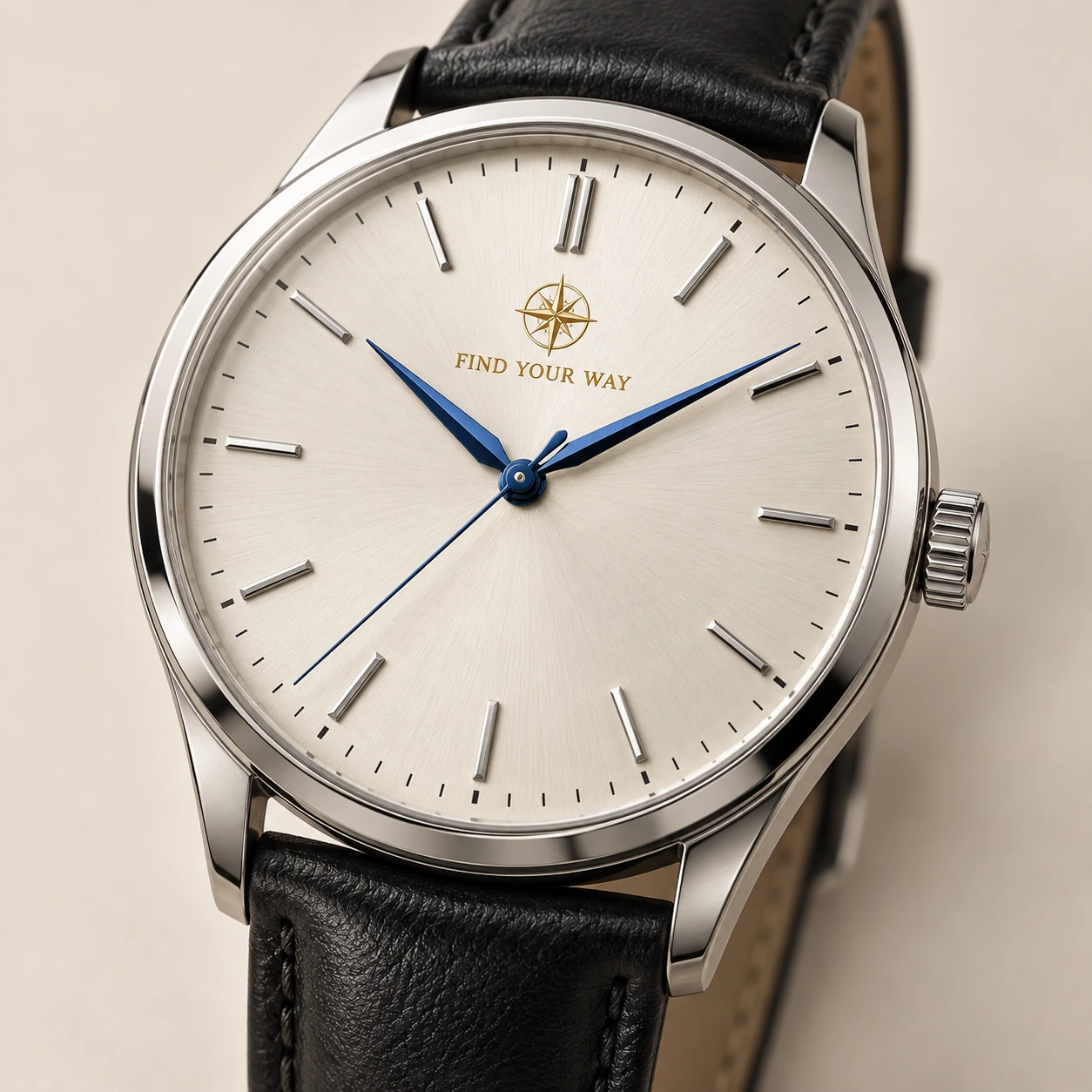 Ivory dial concept with a gold compass and FIND YOUR WAY lettering