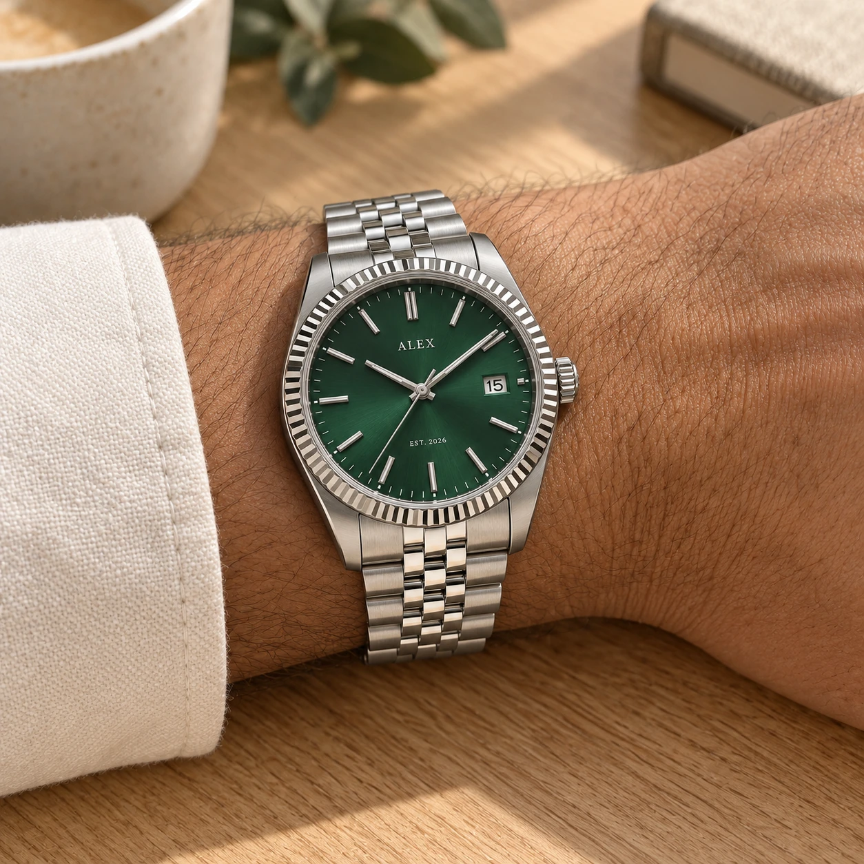 Personalized emerald-dial ALEX watch concept worn on a wrist in natural daylight