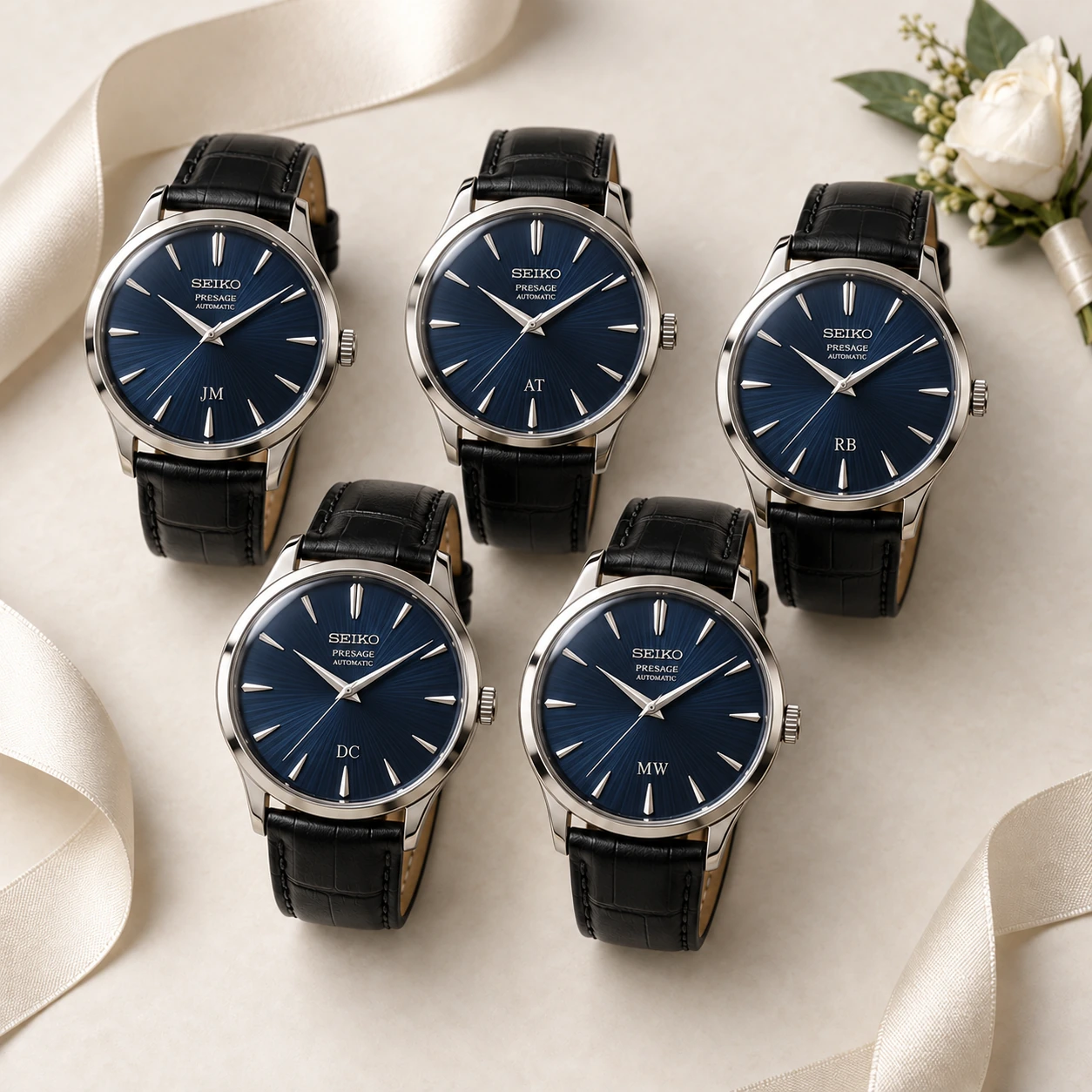 Five blue Seiko Presage wedding watch concepts with personalized initials near six o’clock