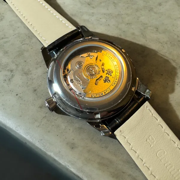 Presage exhibition caseback and leather strap
